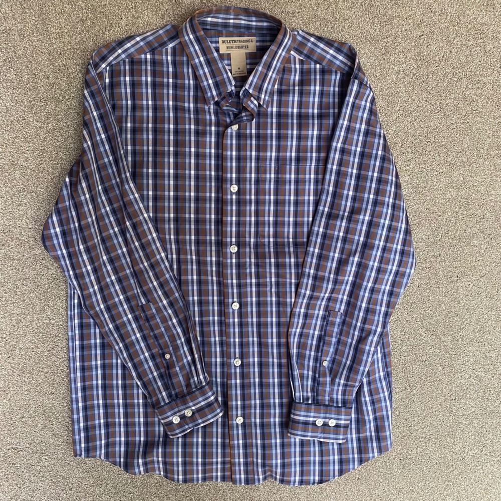 Duluth Trading Co Wrinkle Fighter Shirt Mens M Blue Brown Plaid Excellent